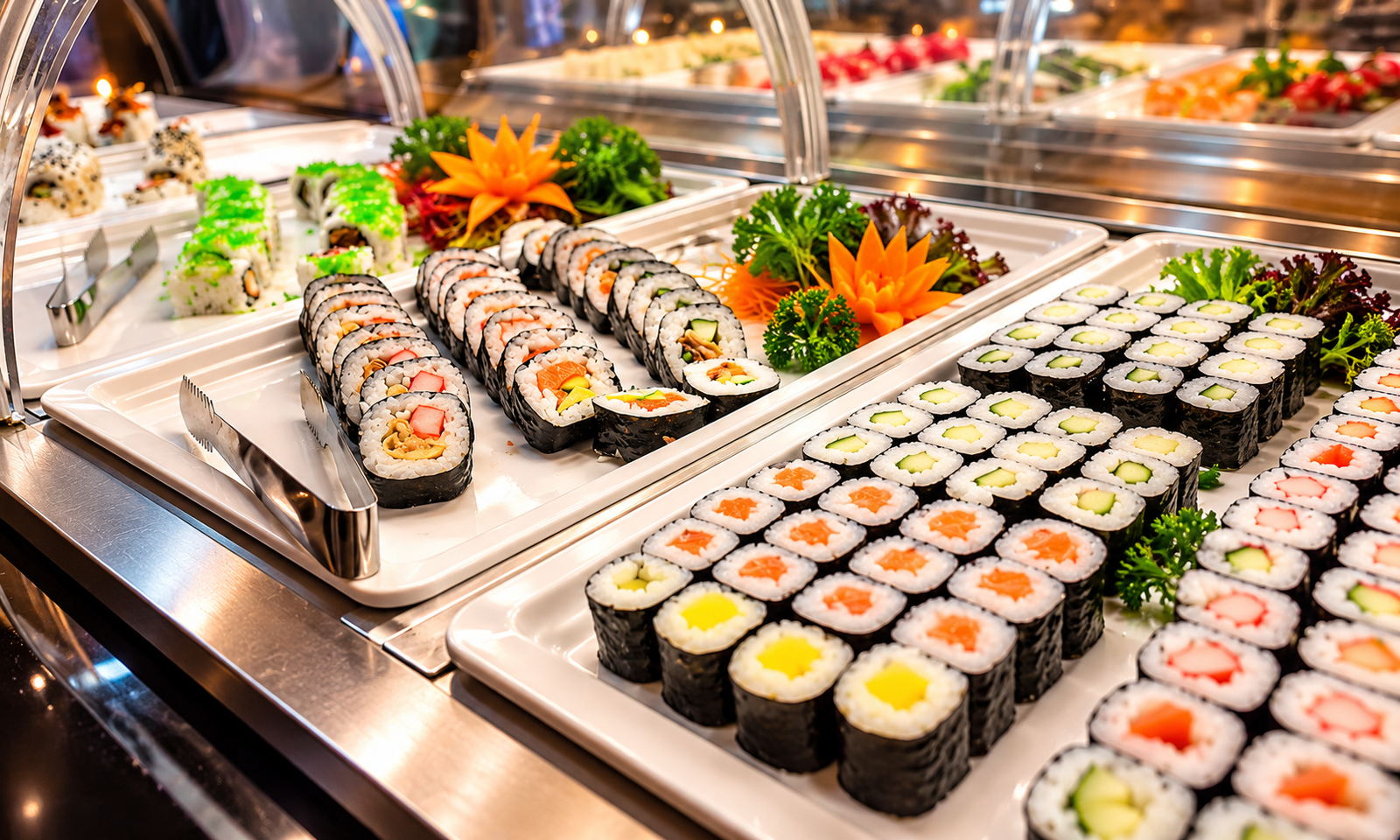 Hochwertiges Sushi-Buffet mit bunten Garnituren